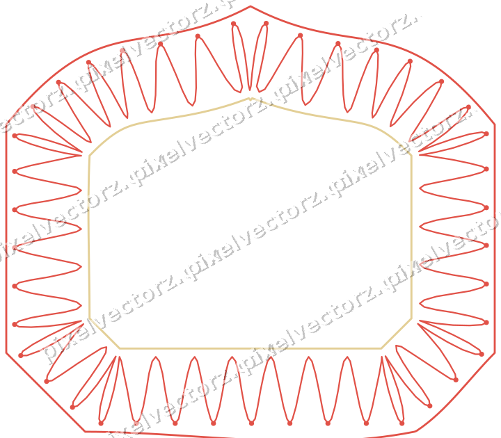 Decorative line art frame in red and orange with label plaque