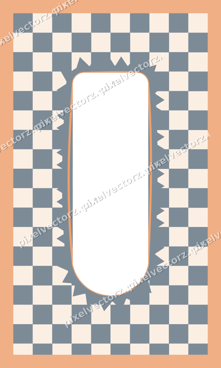 Decorative patterned mat frame in blue and orange with checkerboard