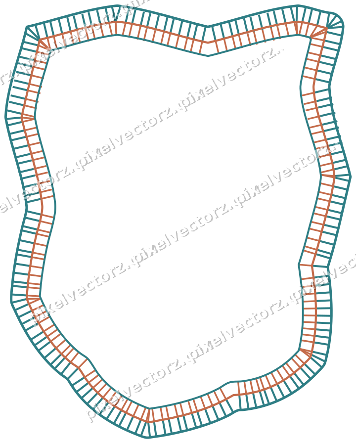 Decorative line art frame in dark teal and orange with shield