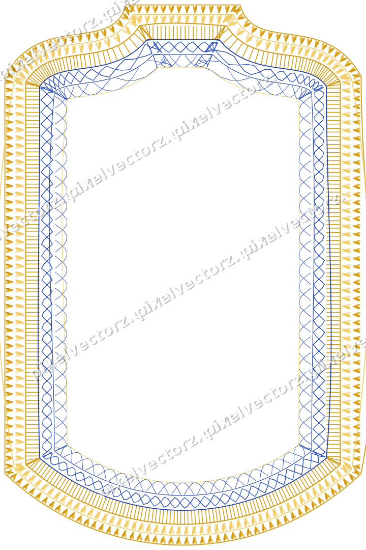 Decorative line art frame in amber and blue with label plaque