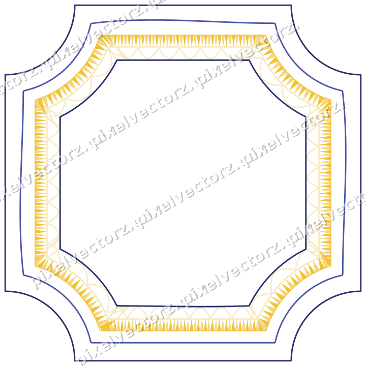 Decorative line art frame in dark blue and amber with label plaque