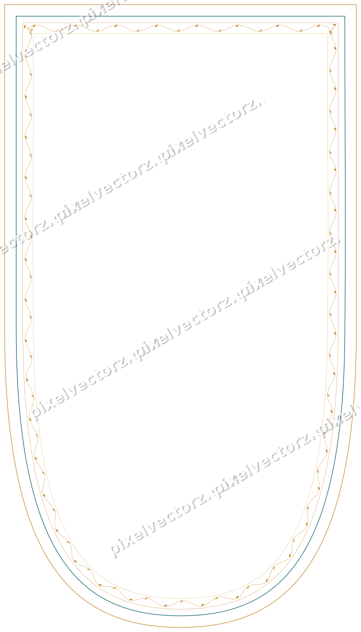 Decorative line art frame in amber and dark teal with shield