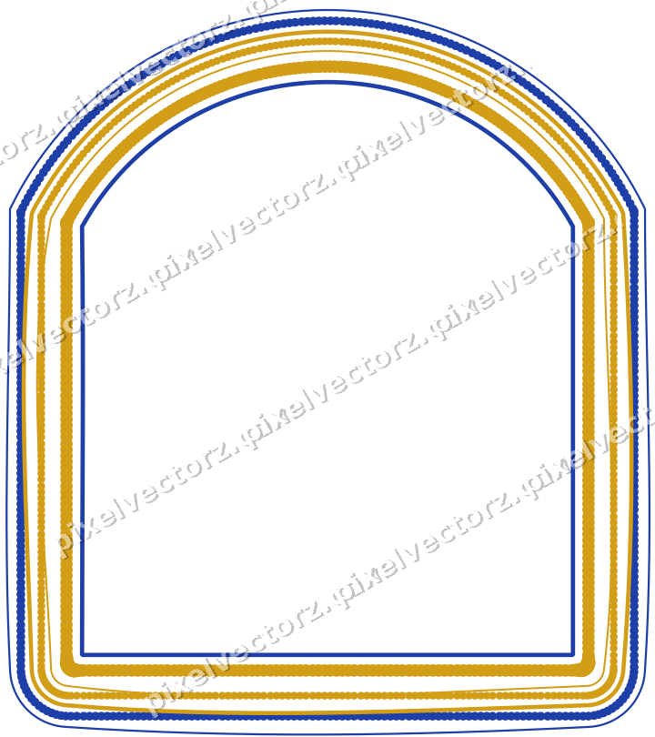 Decorative line art frame in amber and blue with label plaque