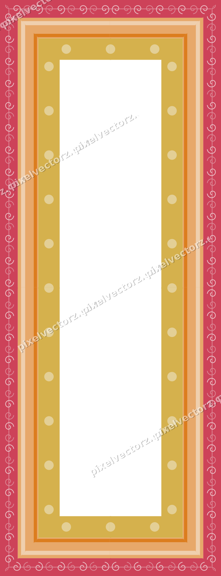 Decorative picture frame border in red and orange with spiral scroll
