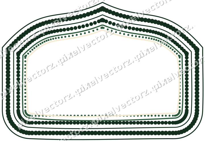 Decorative line art frame in dark green and amber with label plaque
