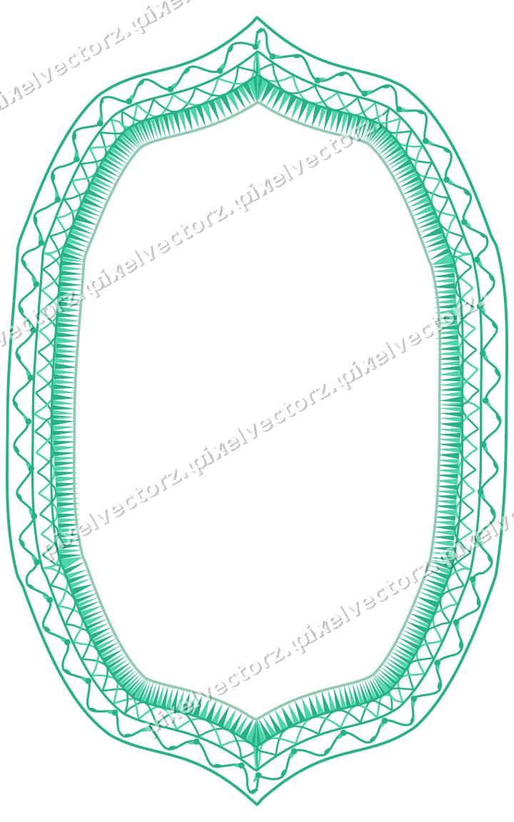 Decorative line art frame in green and teal with label plaque