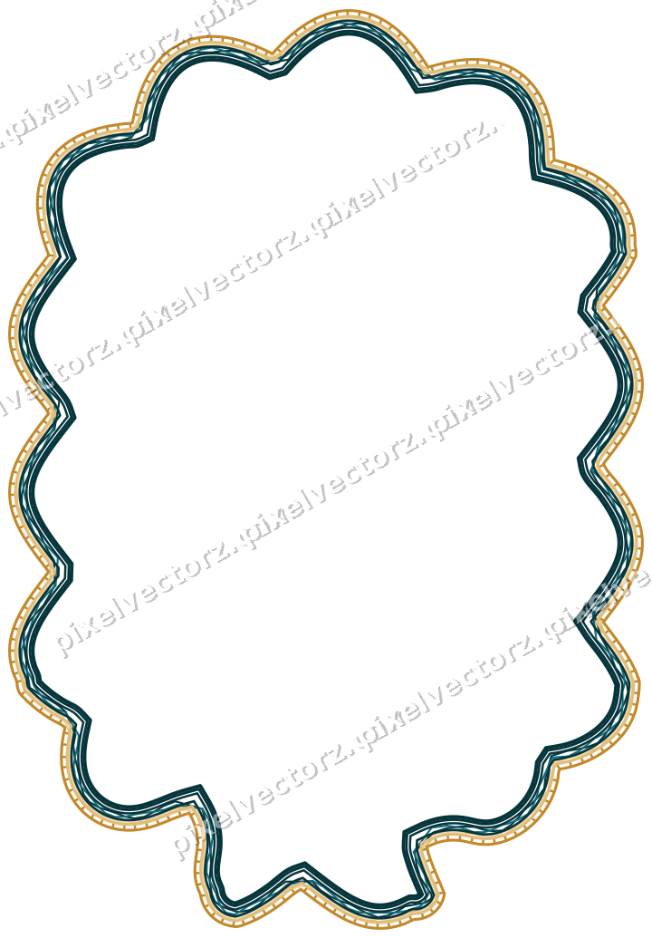 Decorative line art frame in amber and dark teal with label plaque