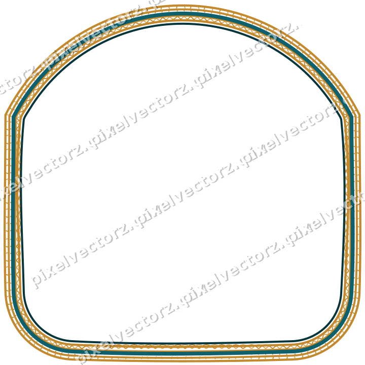 Decorative line art frame in amber and dark teal with label plaque