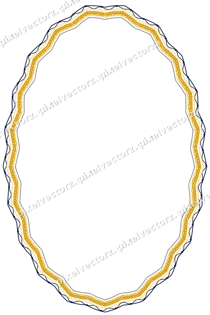 Decorative line art frame in amber and blue with oval and zigzag edge