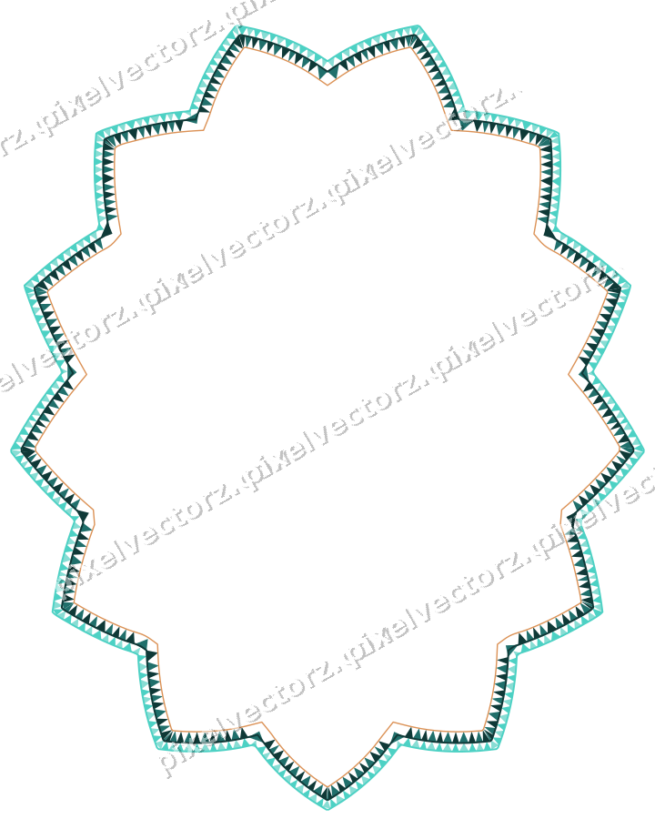 Decorative line art frame in orange and teal with oval and zigzag edge
