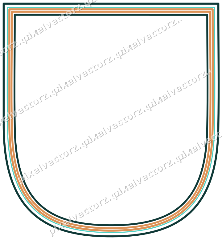 Decorative line art frame in orange and teal with shield