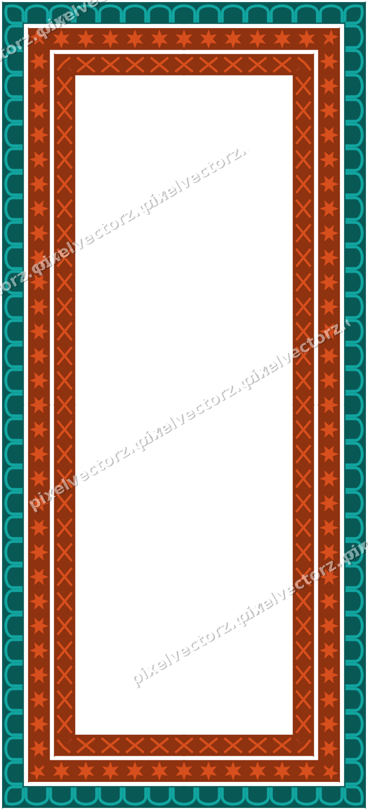 Decorative picture frame border in orange and teal with arcade frieze