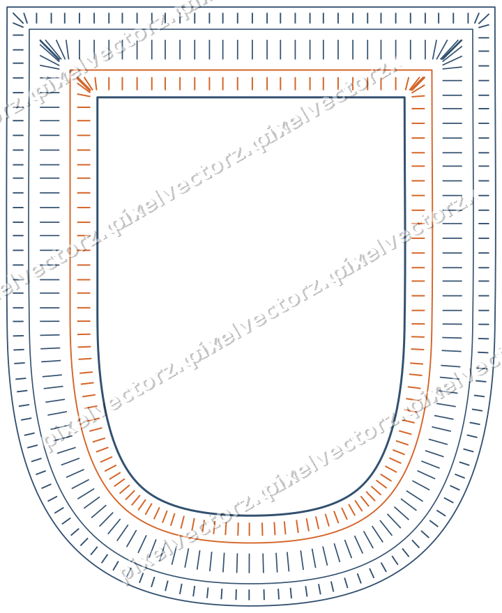 Decorative line art frame in dark blue and orange with shield