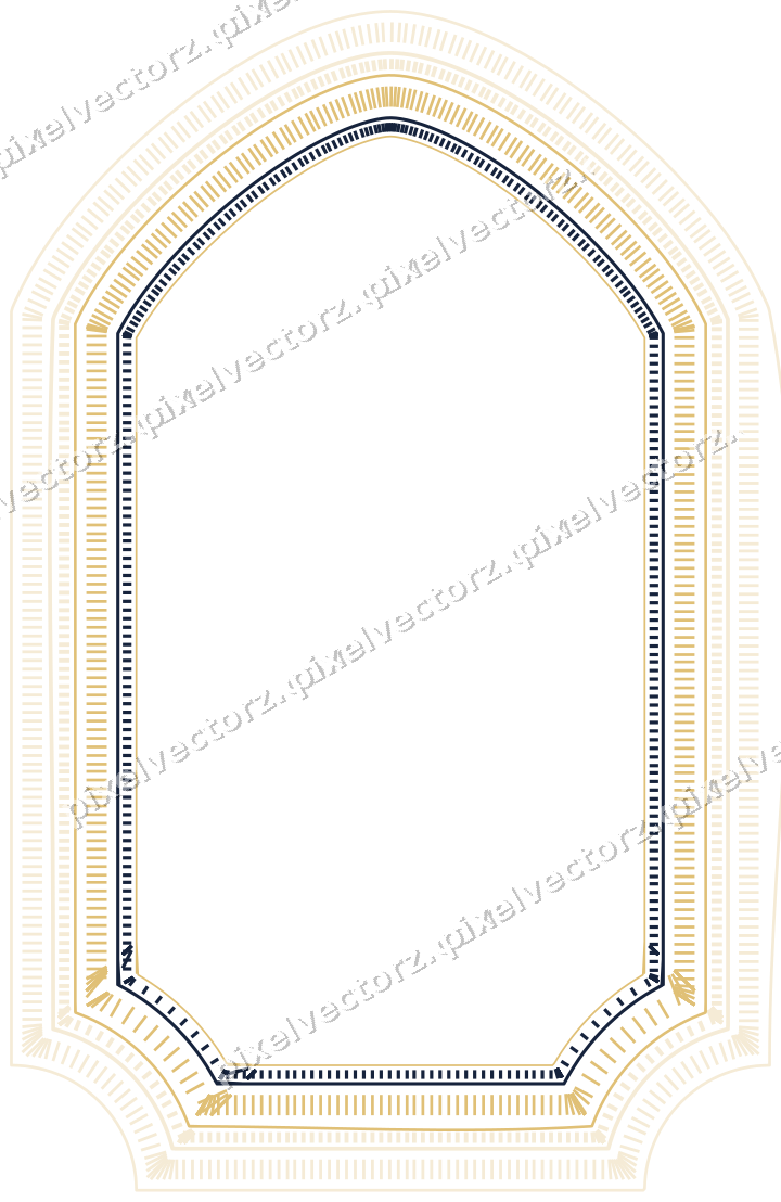 Decorative line art frame in dark blue and amber with label plaque