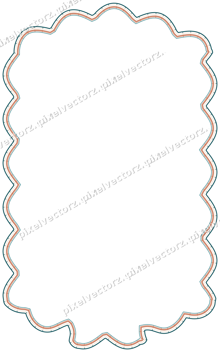 Decorative line art frame in dark teal and orange with label plaque