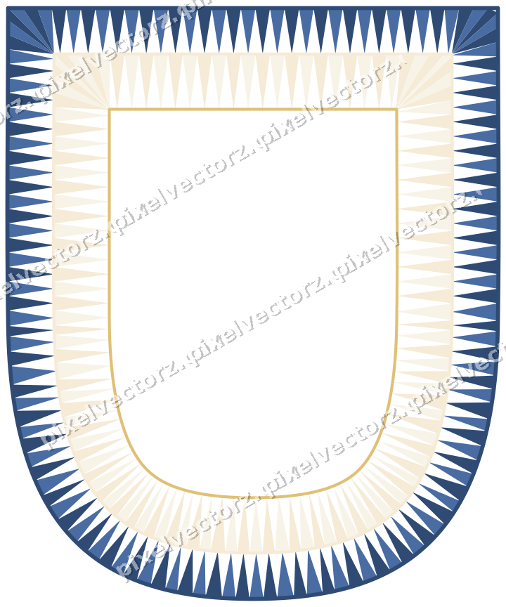 Decorative line art frame in dark blue and amber with shield