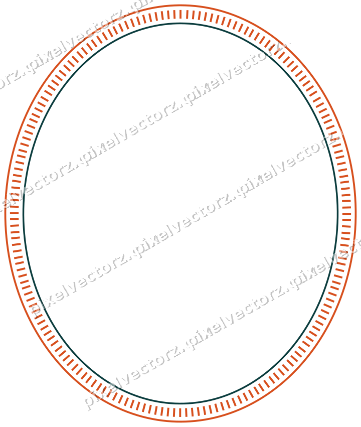 Decorative line art frame in orange and teal with oval and dashed line