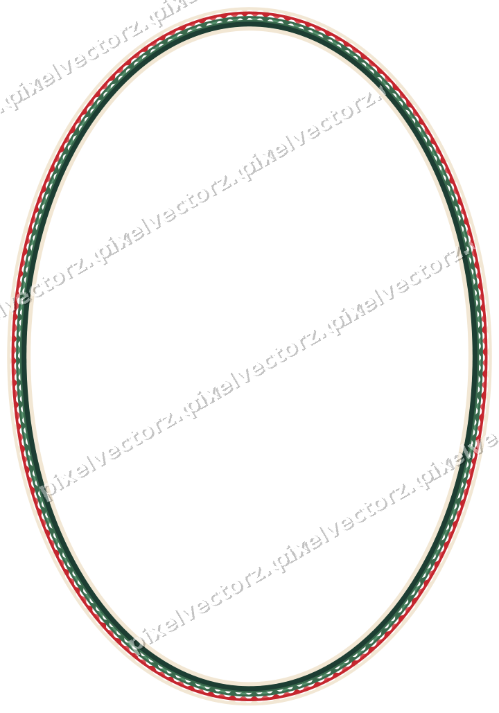 Decorative line art frame in dark green and red with oval and dentil
