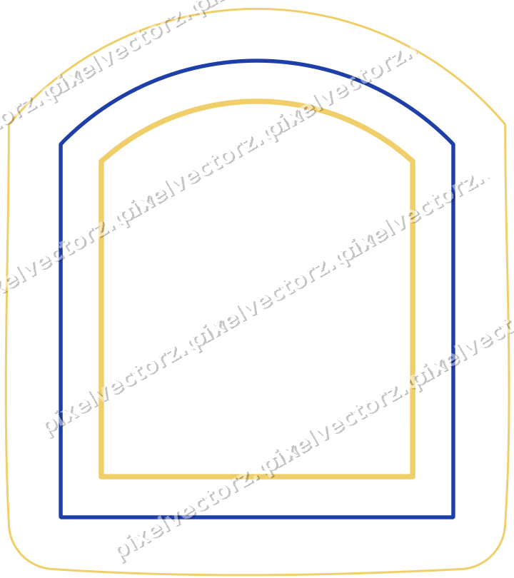 Decorative line art frame in amber and blue with label plaque