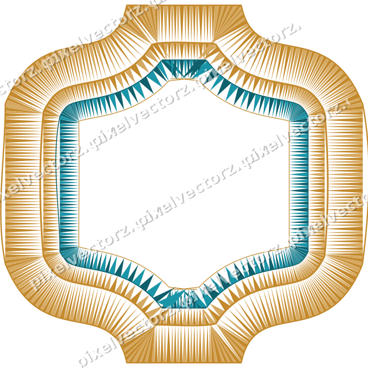 Decorative line art frame in amber and dark teal with label plaque