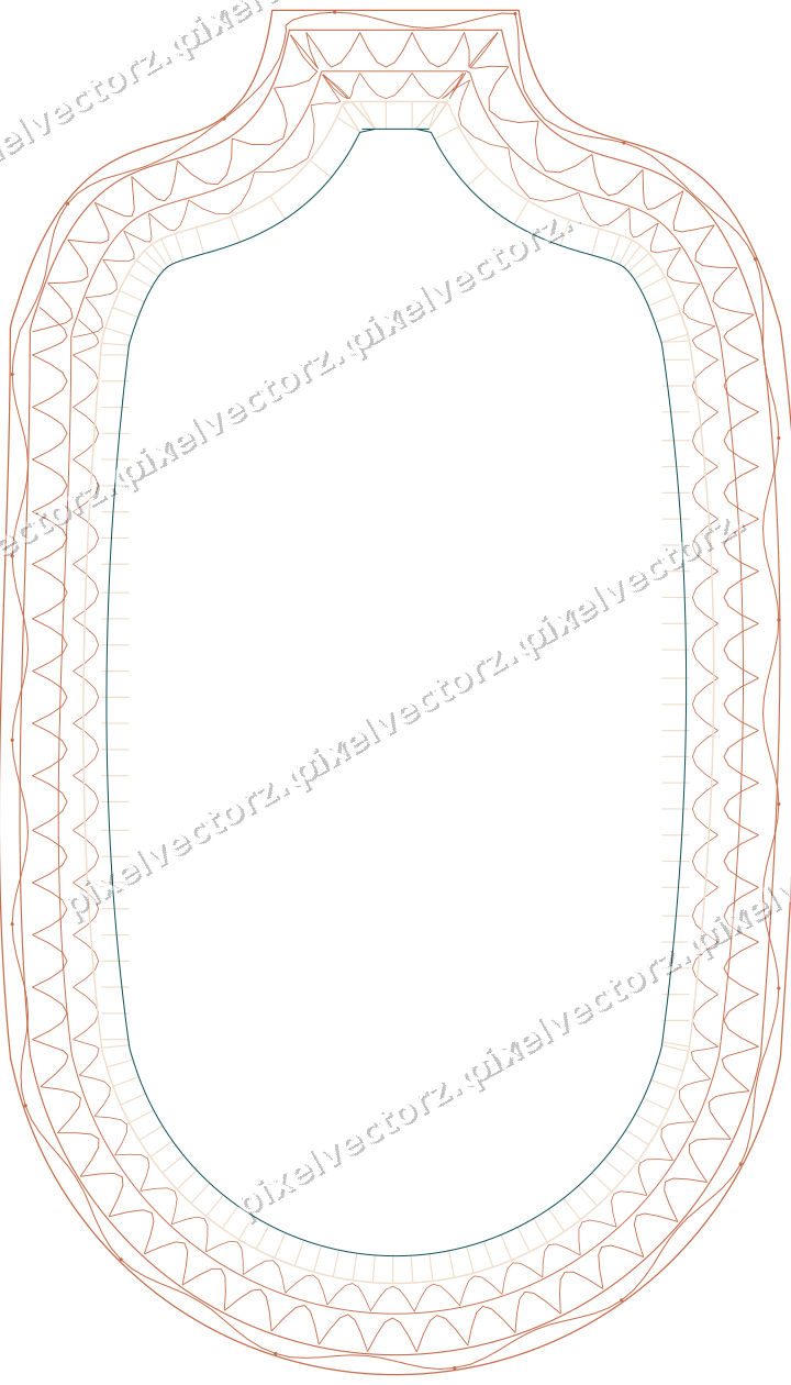 Decorative line art frame in dark teal and orange with label plaque