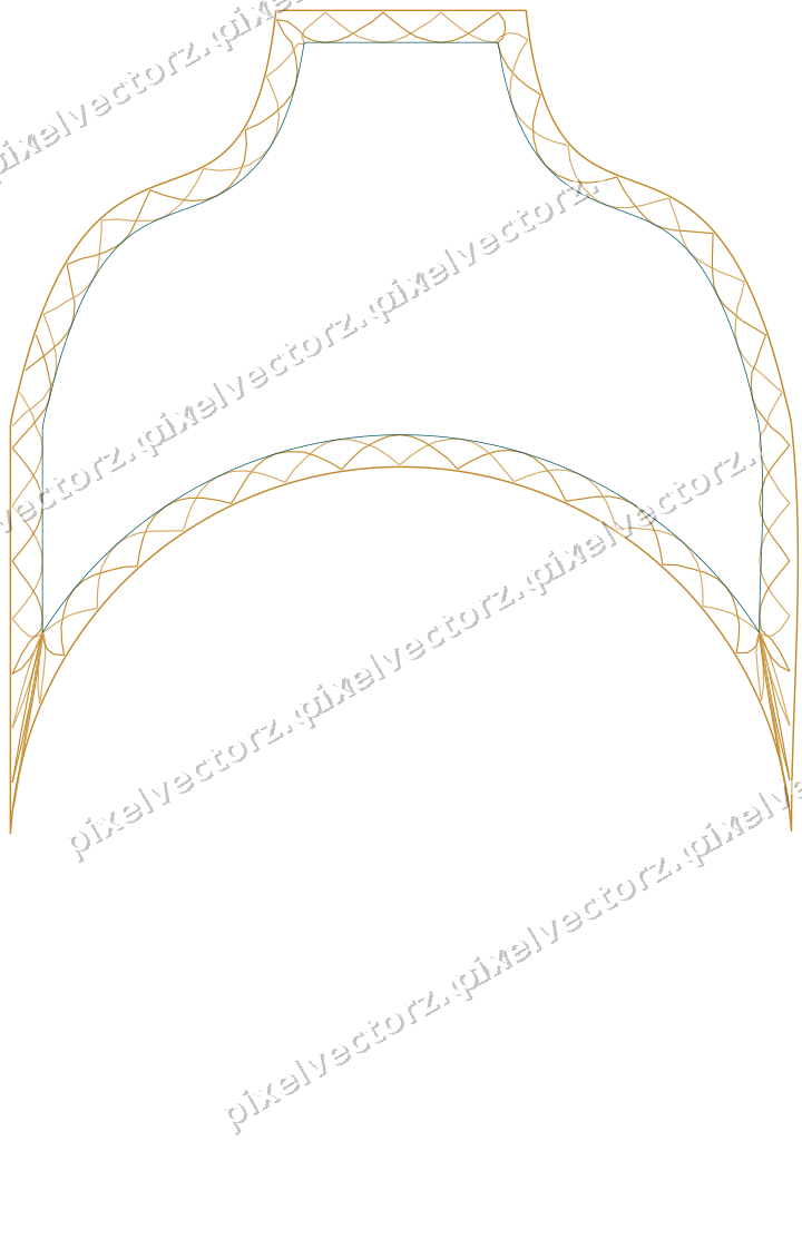 Decorative line art frame in amber and dark teal with label plaque
