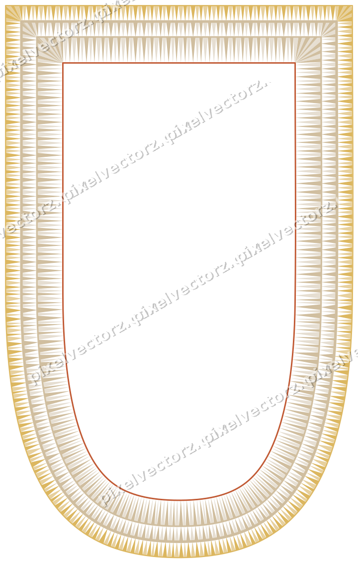 Decorative line art frame in orange and amber with shield and dentil