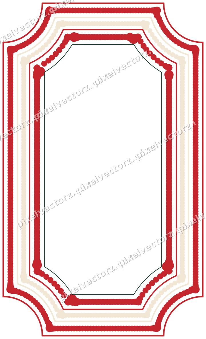 Decorative line art frame in dark green and red with label plaque