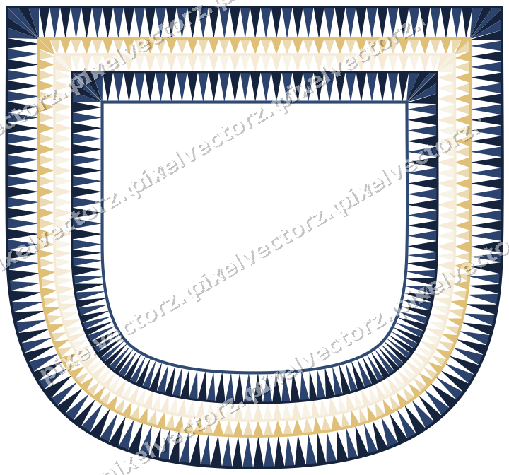 Decorative line art frame in dark blue and amber with shield