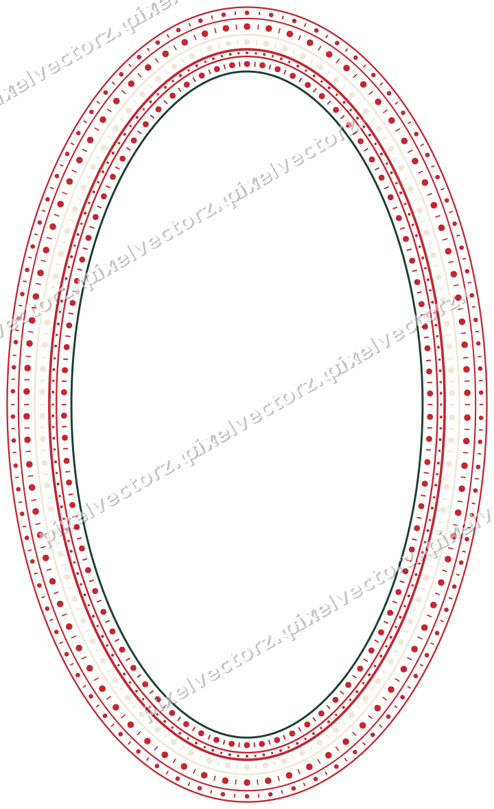 Decorative line art frame in dark green and red with oval