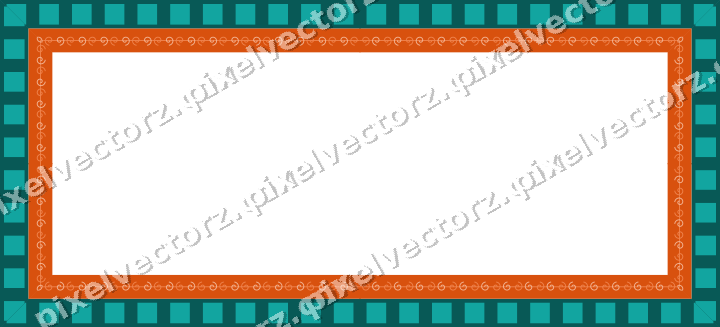 Decorative picture frame border in orange and teal with spiral scroll