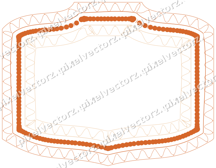 Decorative line art frame in dark blue and orange with label plaque