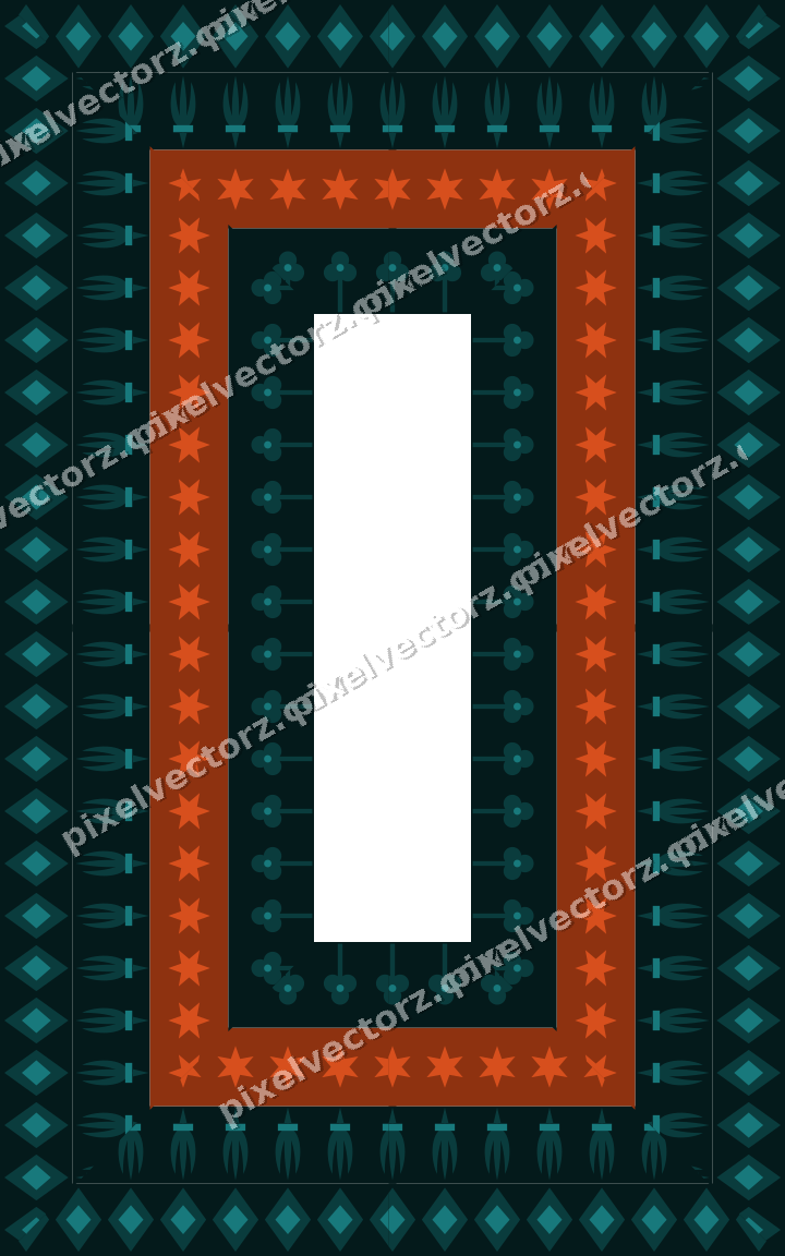 Decorative picture frame border in orange and teal with trefoil band