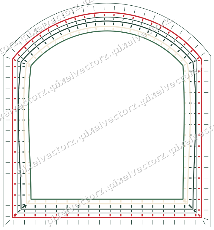 Decorative line art frame in dark green and red with label plaque