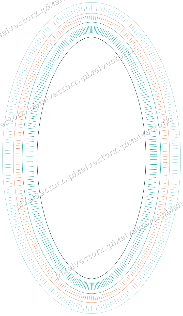 Decorative line art frame in orange and teal with oval and dashed line