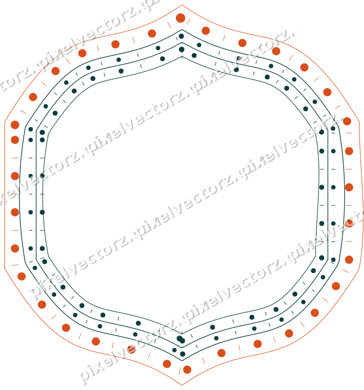 Decorative line art frame in orange and teal with label plaque