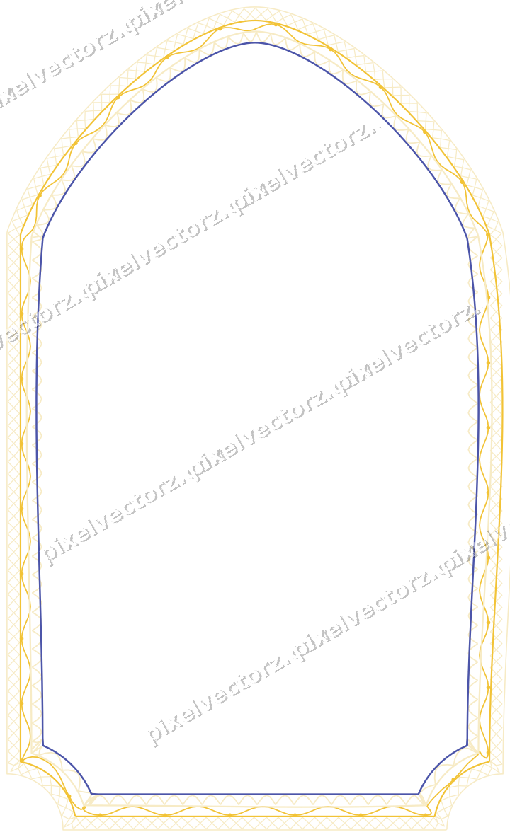 Decorative line art frame in dark blue and amber with label plaque