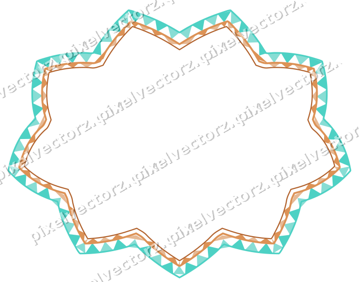 Decorative line art frame in orange and teal with oval and zigzag edge
