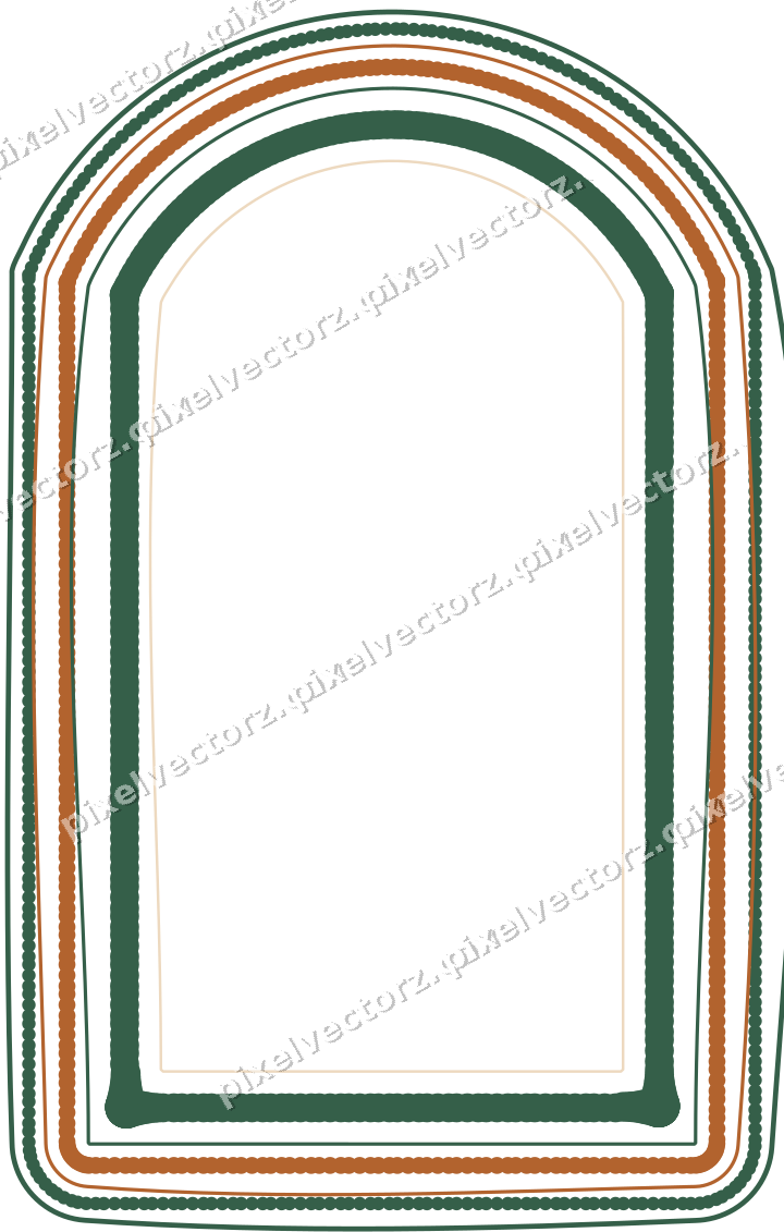 Decorative line art frame in dark green and orange with label plaque