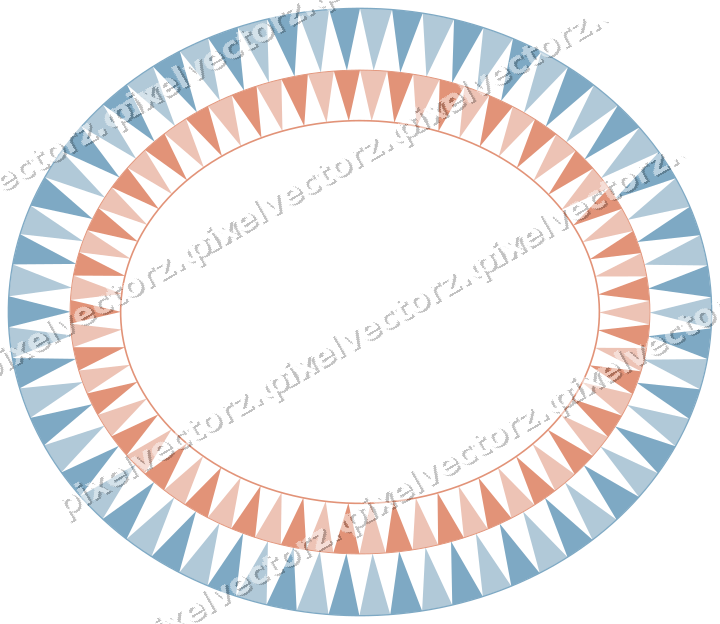 Decorative line art frame in orange and cyan with oval and dentil