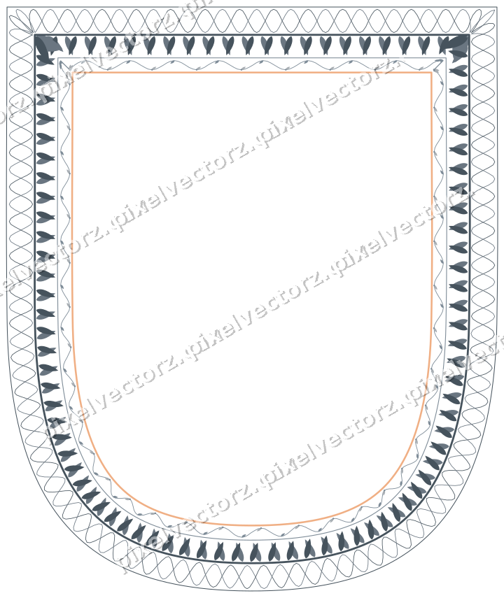 Decorative line art frame in blue and orange with shield