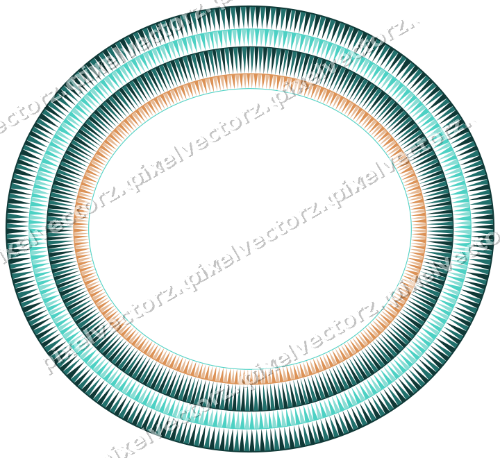 Decorative line art frame in orange and teal with oval and dentil