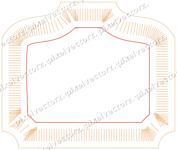 Decorative line art frame in red and orange with label plaque
