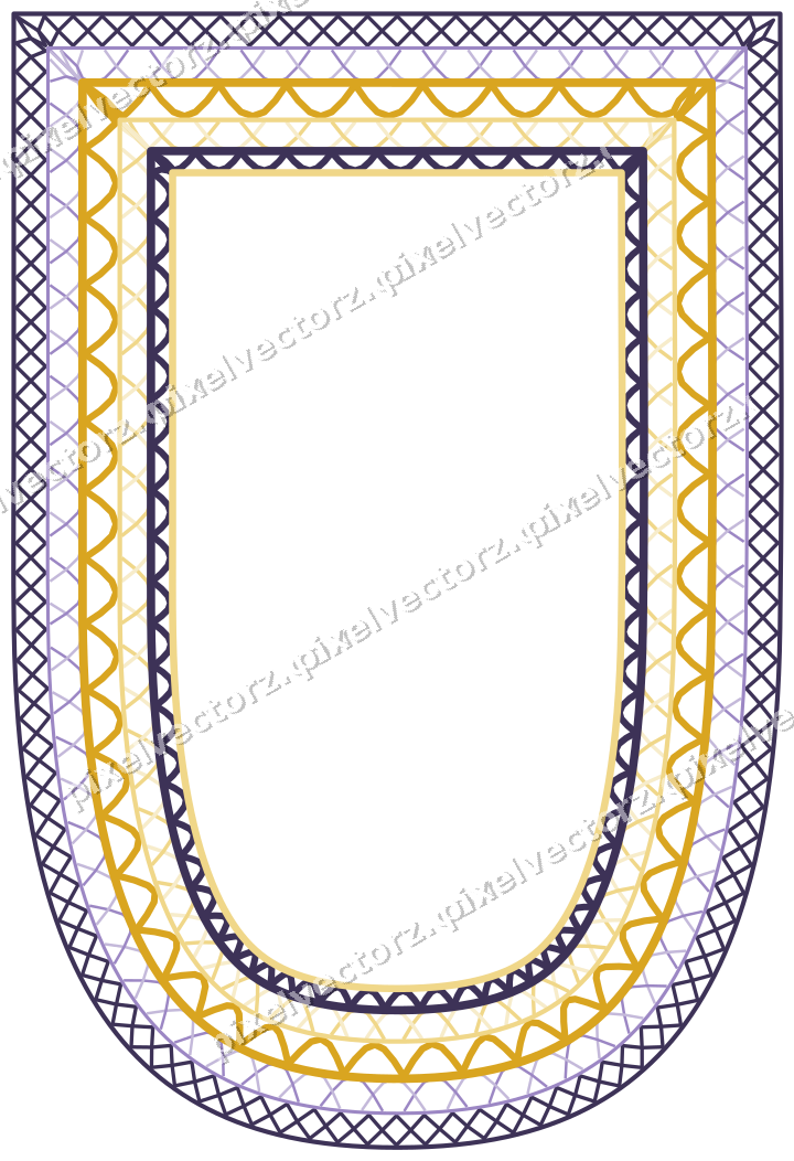 Decorative line art frame in amber and purple with shield and lattice