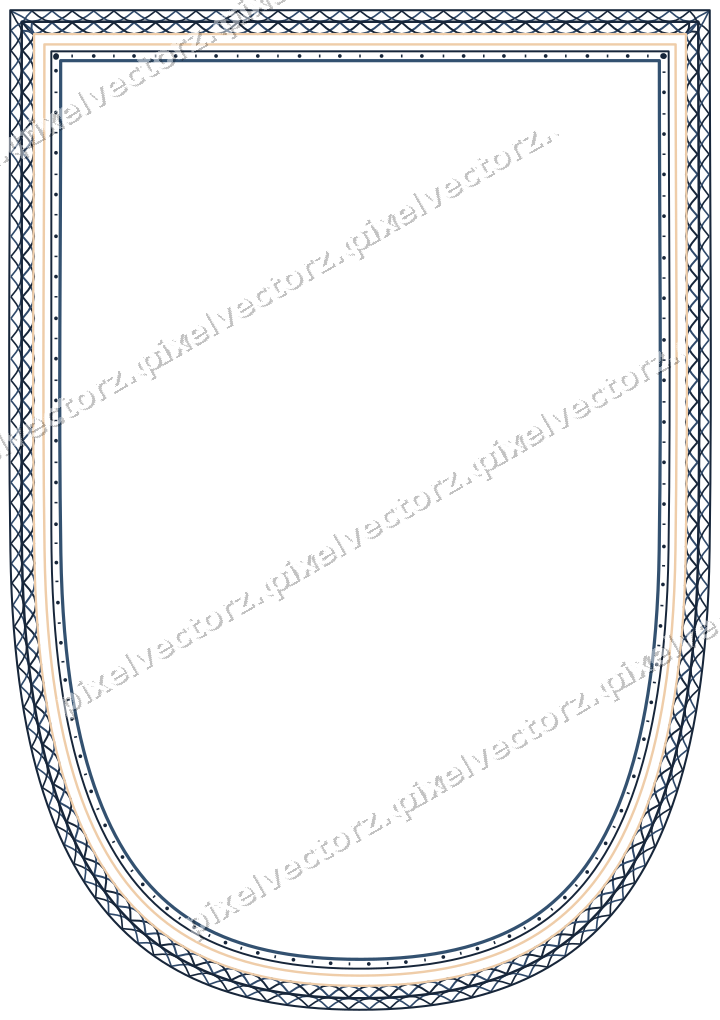 Decorative line art frame in dark blue and orange with shield