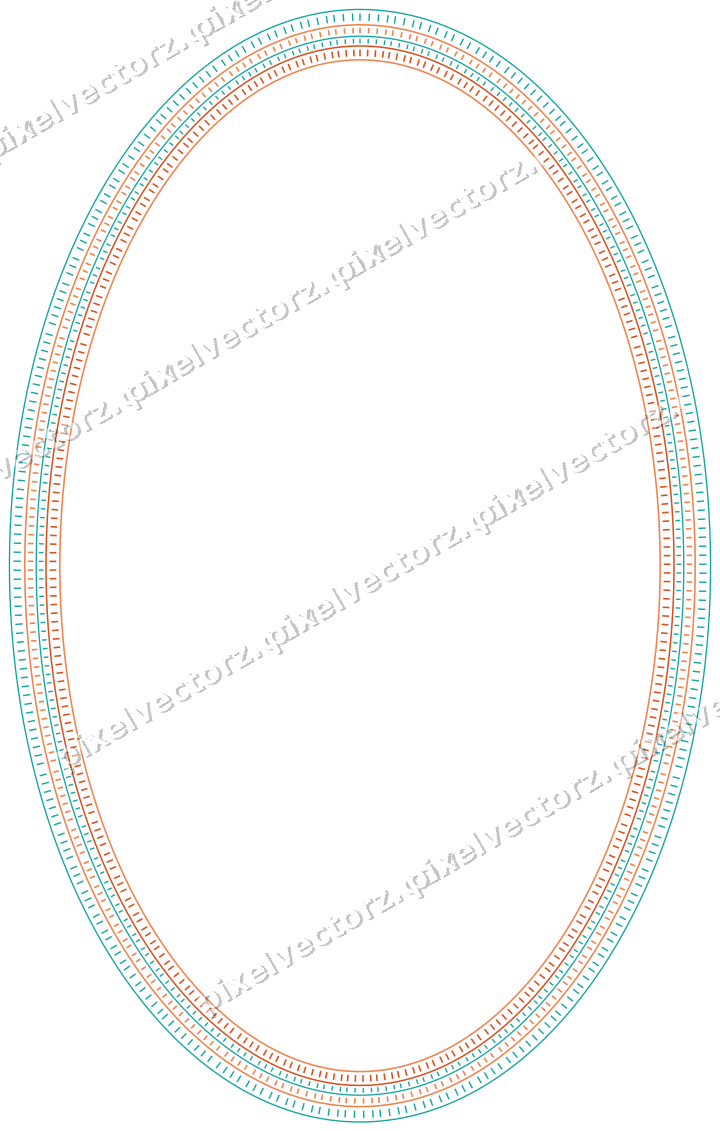Decorative line art frame in orange and teal with oval and dashed line