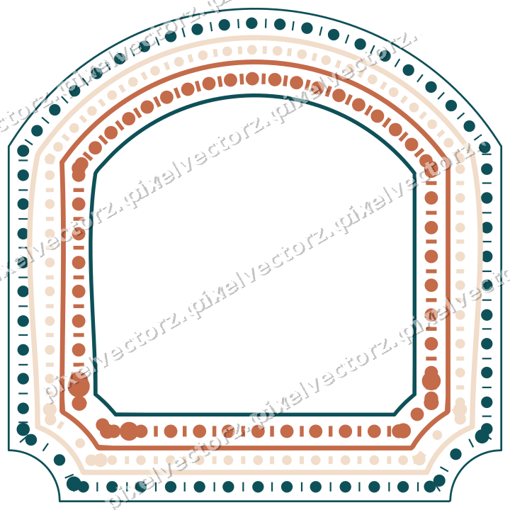 Decorative line art frame in dark teal and orange with label plaque