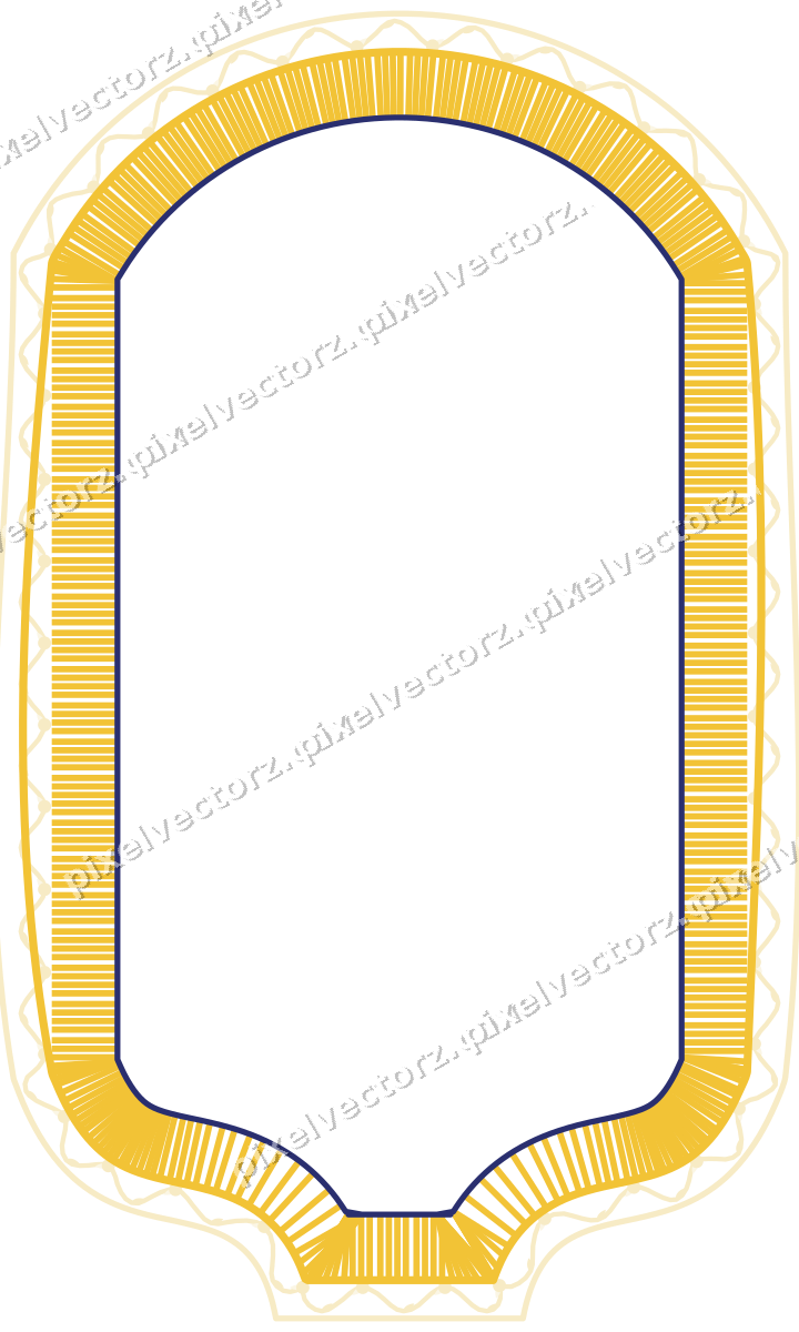 Decorative line art frame in dark blue and amber with label plaque