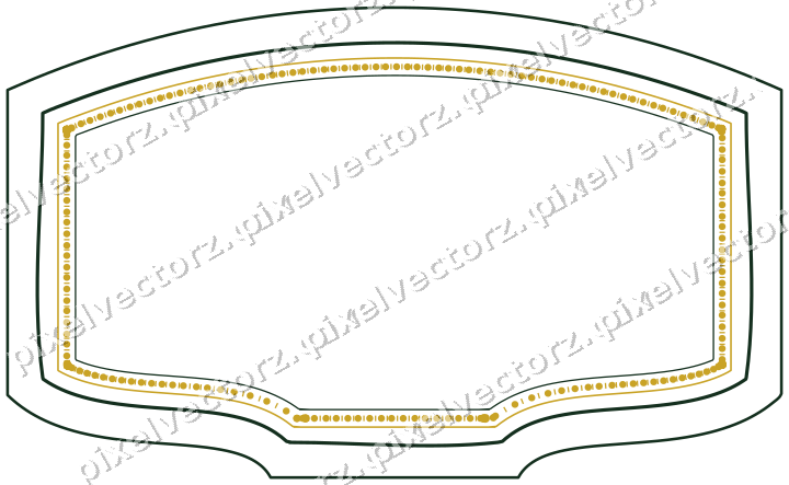 Decorative line art frame in dark green and amber with label plaque
