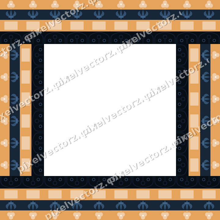 Decorative picture frame border in dark blue and orange with dentil